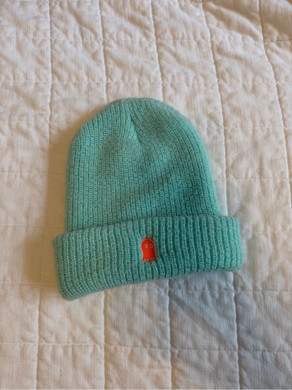 LONELY GHOST Mint Green Knit Beanie with Orange Ghost Patch